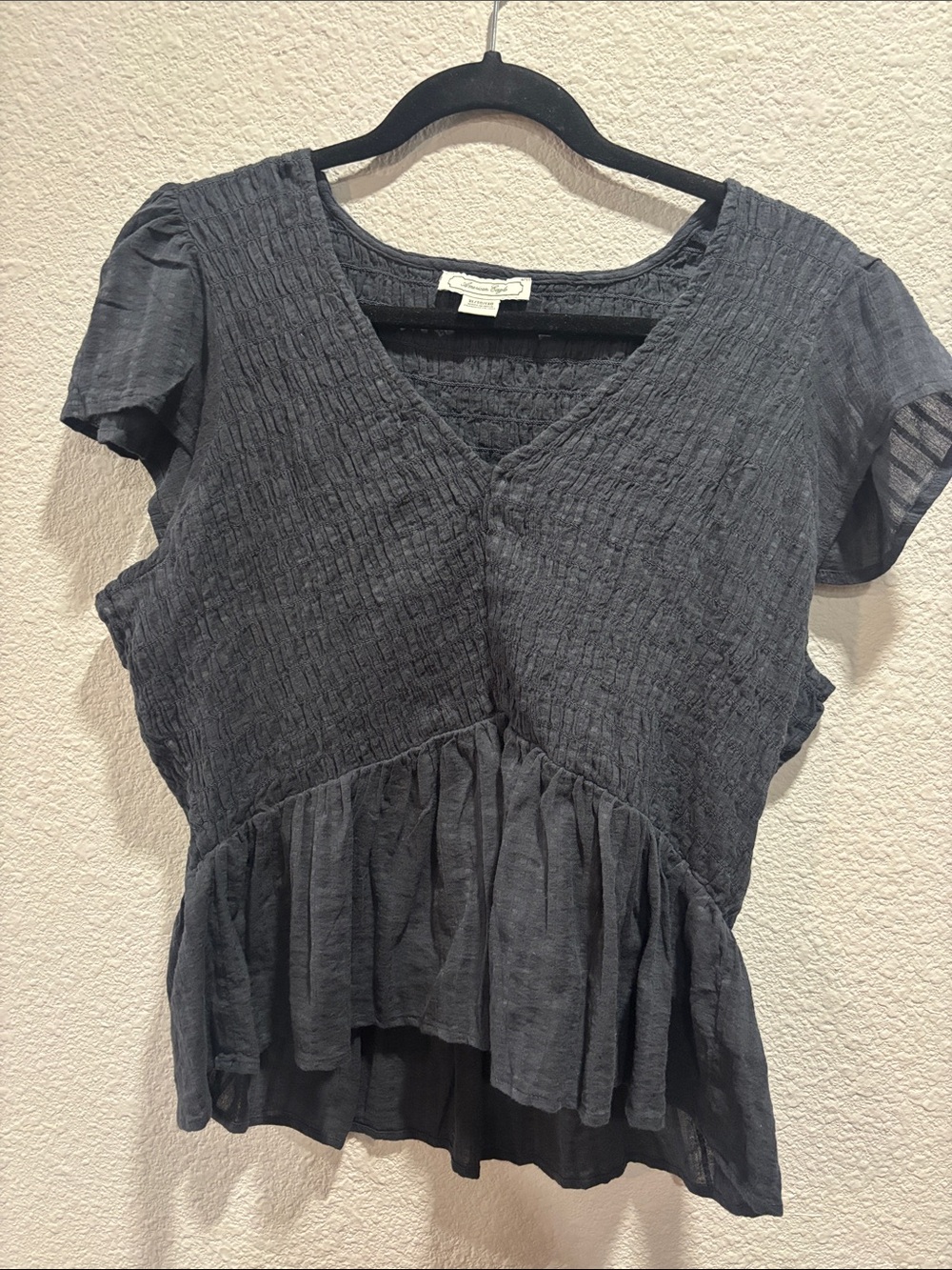 American Eagle Outfitters Charcoal Gray Textured Peplum V-Neck Top